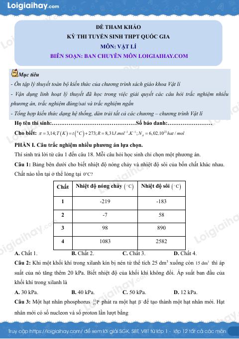 Đề tham khảo thi Vật lí THPT (Đề số 3) - có lời giải chi tiết